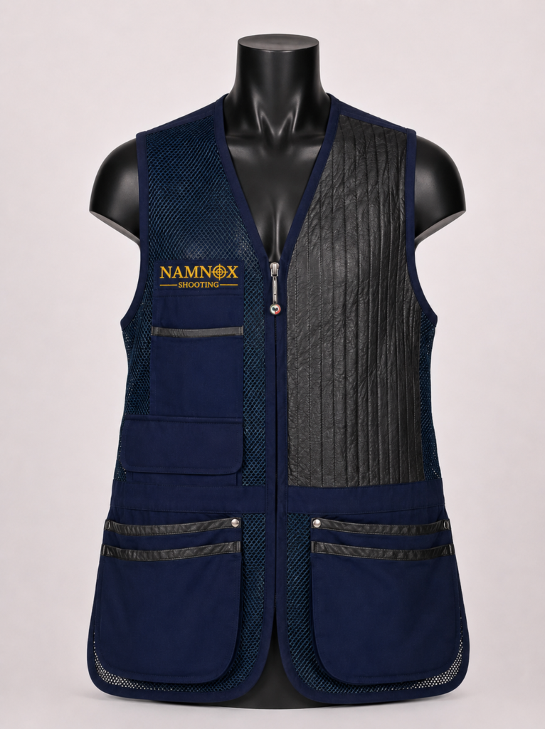 Navy mesh clay shooting vest with quilted shoulder panel