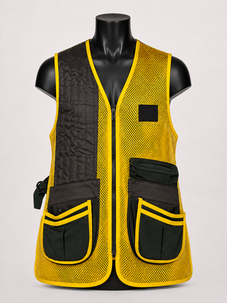 Breathable mesh shooting vest with quilted shoulder front